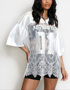 V Neck Sheer Lace Varsity Top