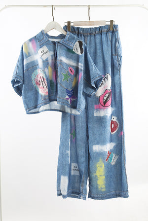 Printed Denim Blouse And Jeans Set