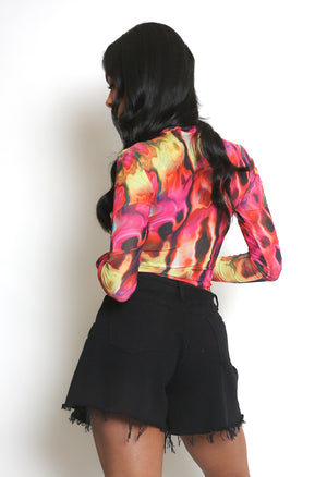 Printed Long Sleeve Sheer Bodysuit