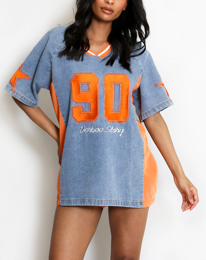 Denim 90 Slogan Baseball Top