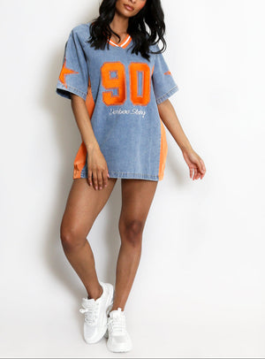 Denim 90 Slogan Baseball Top