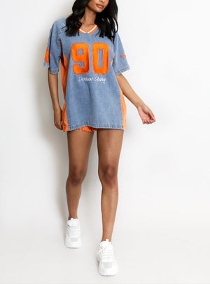 Denim 90 Slogan Baseball Top