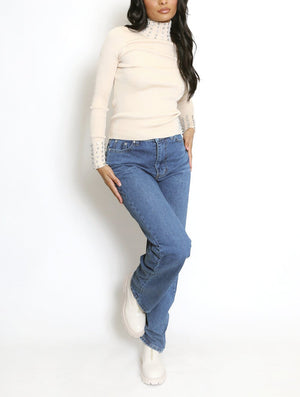 Diamante High Neck Ribbed Jumper