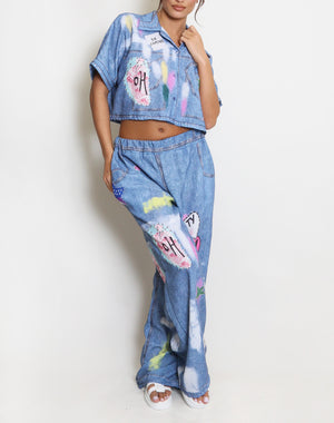 Printed Denim Blouse And Jeans Set