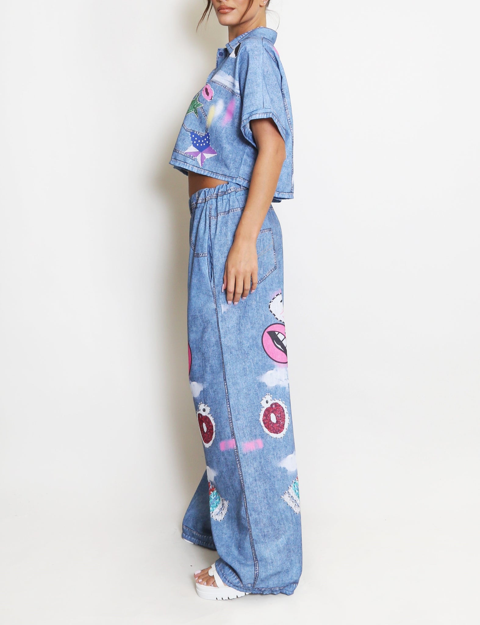 Printed Denim Blouse And Jeans Set