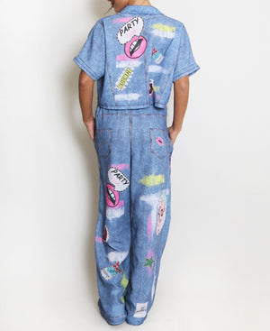 Printed Denim Blouse And Jeans Set