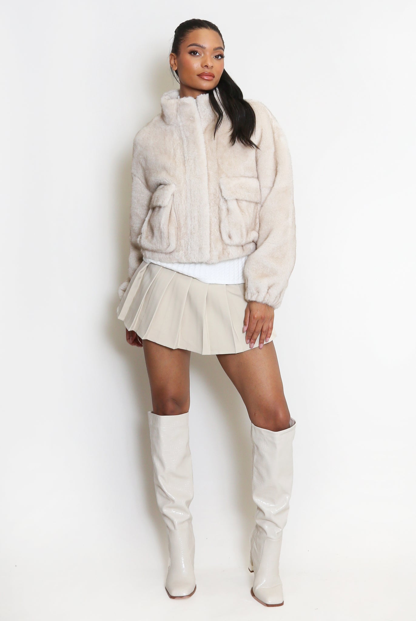 Faux Fur Bomber Jacket With Pockets