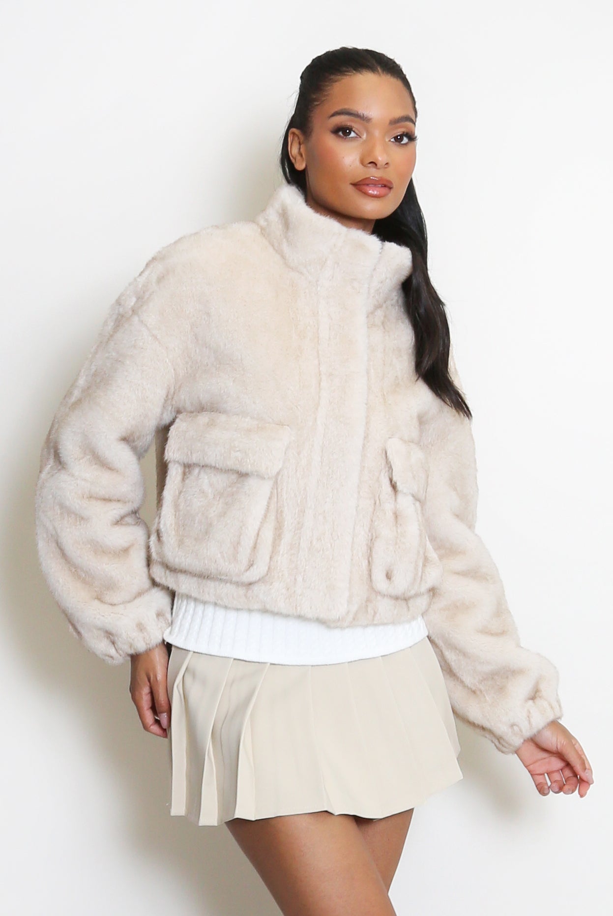 Faux Fur Bomber Jacket With Pockets
