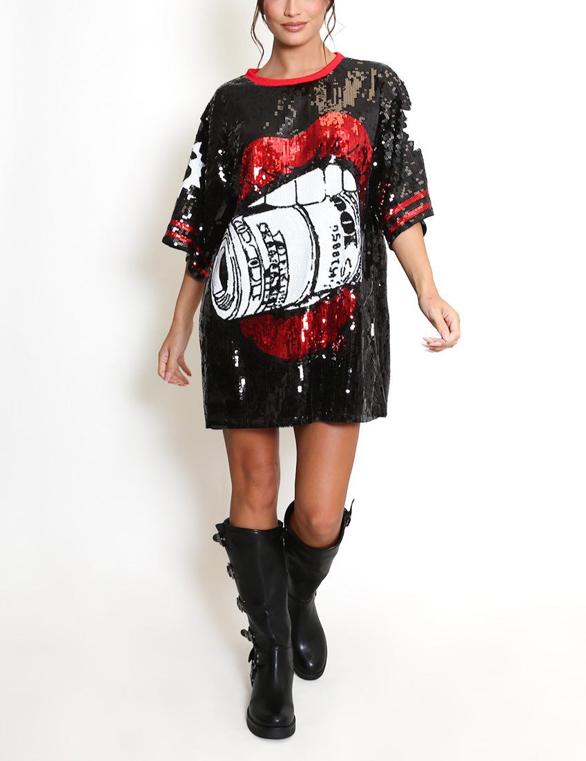 Dollar Lips Sequin T-Shirt Dress