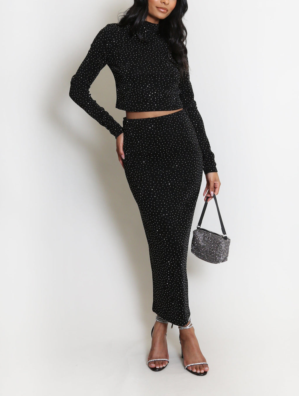 Embellished Mock Neck Crop Top And Midi Skirt