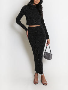 Embellished Mock Neck Crop Top And Midi Skirt