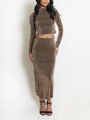 Embellished Mock Neck Crop Top And Midi Skirt