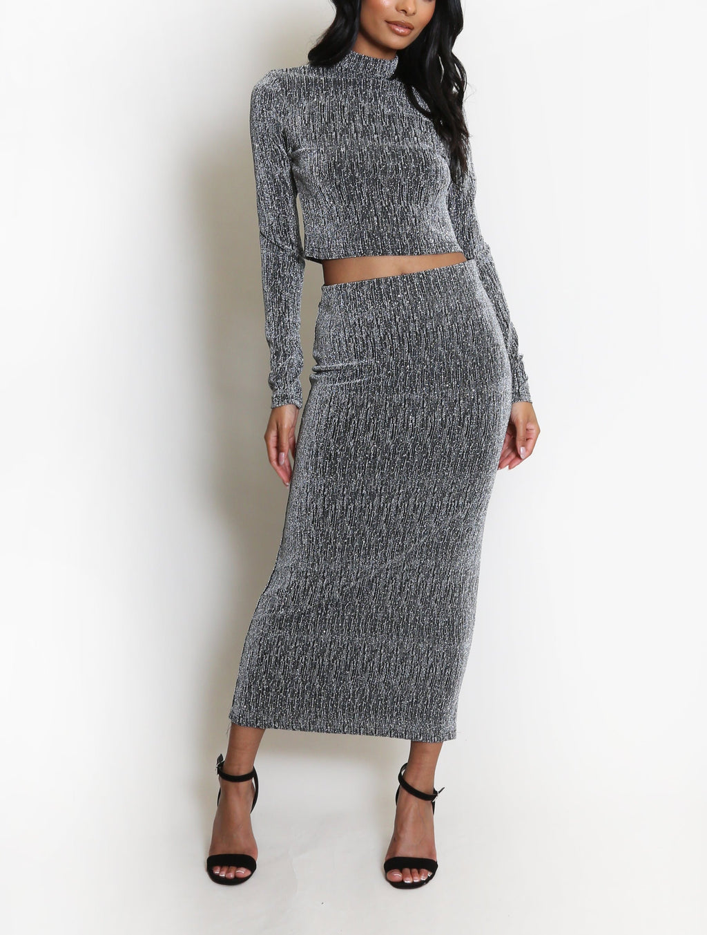 Embellished Mock Neck Crop Top And Midi Skirt