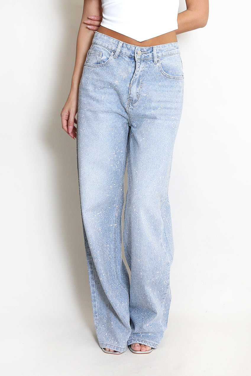 Mid Blue Embellished Wide Fit Jeans
