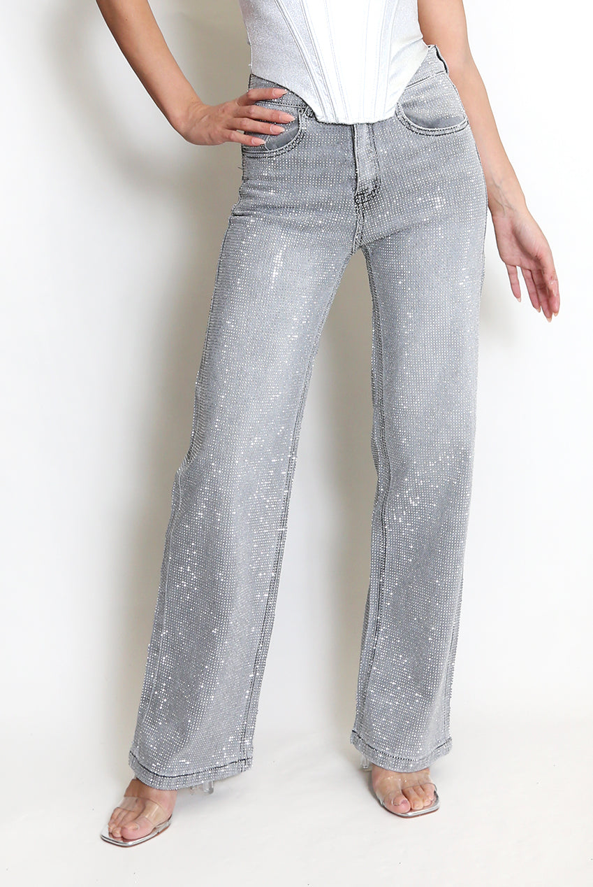 Grey Embellished Wide Fit Jeans