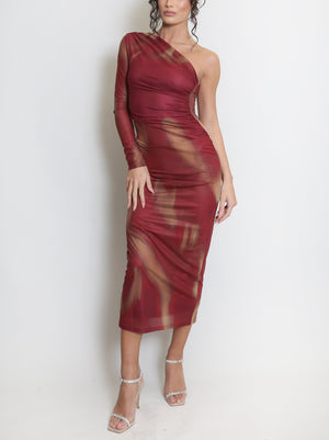 One Shoulder Mesh Midi Dress