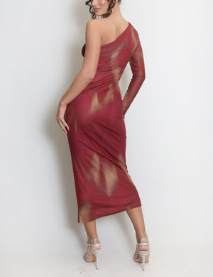 One Shoulder Mesh Midi Dress