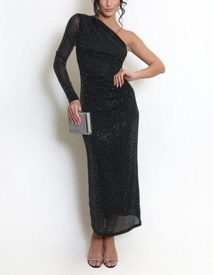 One Shoulder Gem Trim Midi Dress