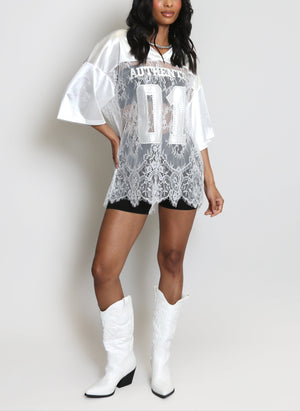 V Neck Sheer Lace Varsity Top