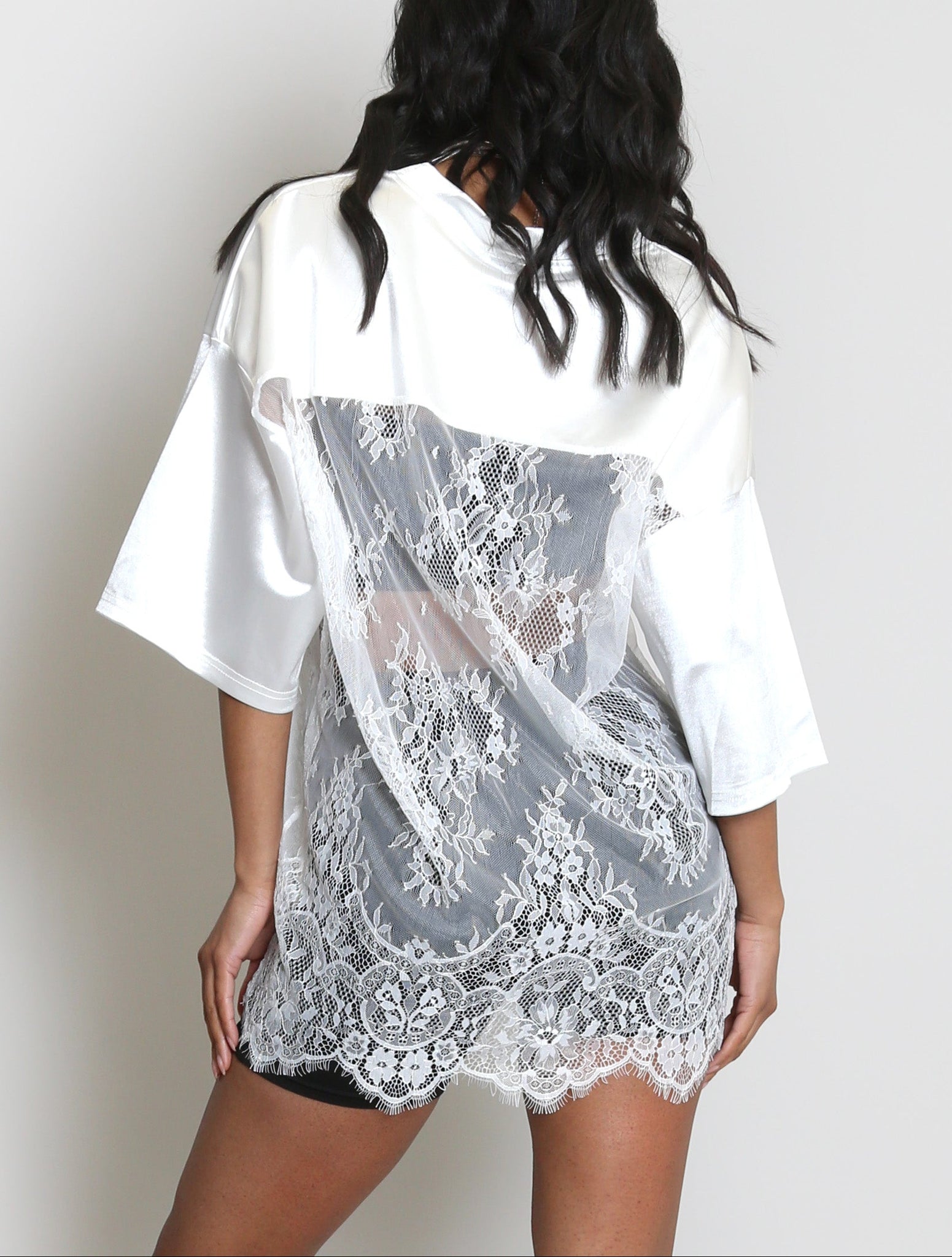 V Neck Sheer Lace Varsity Top