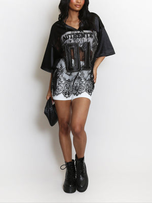 V Neck Sheer Lace Varsity Top