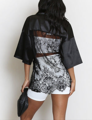 V Neck Sheer Lace Varsity Top