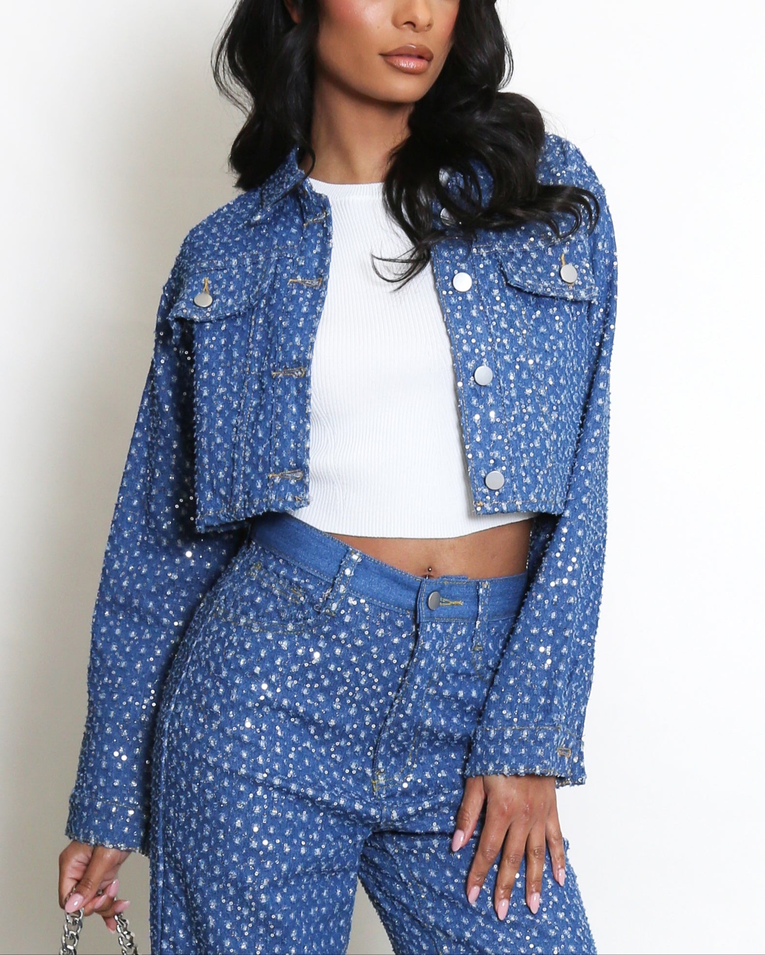 Sequin Denim Jeans & Cropped Jacket