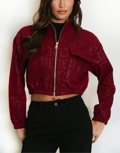 Embossed Cropped Faux Suede Bomber Jacket