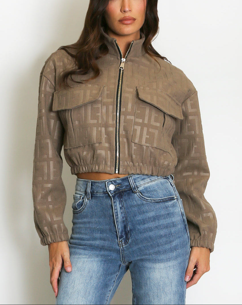 Embossed Cropped Faux Suede Bomber Jacket