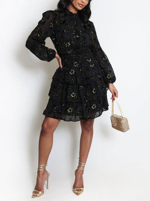 Metallic Floral Print Chiffon Dress