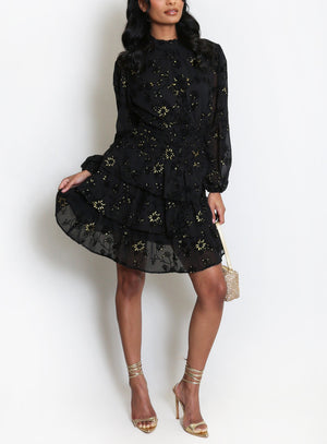 Metallic Floral Print Chiffon Dress