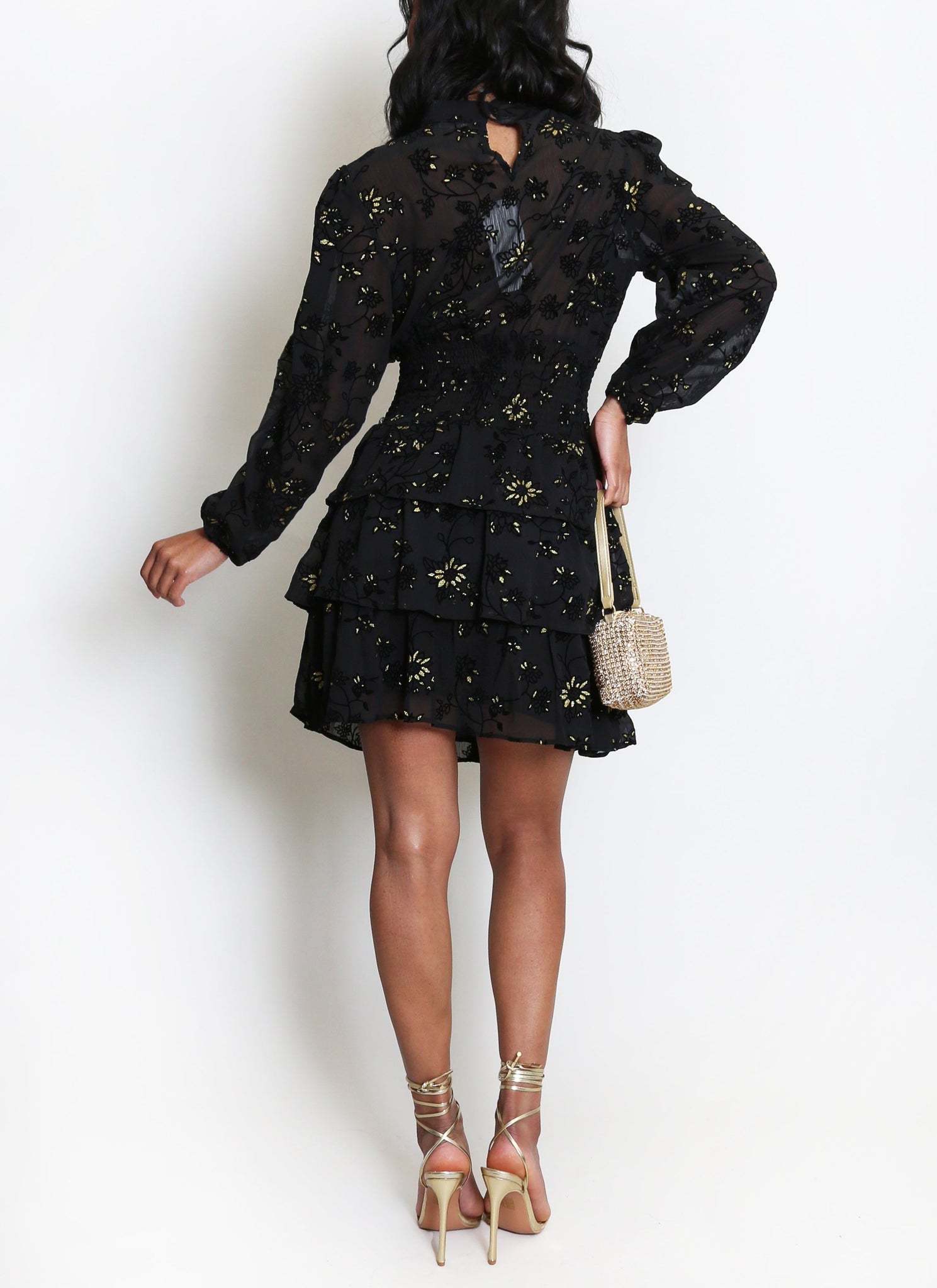 Metallic Floral Print Chiffon Dress