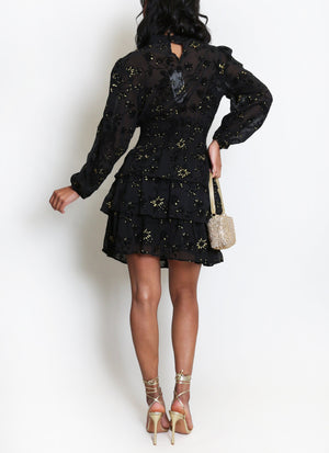 Metallic Floral Print Chiffon Dress