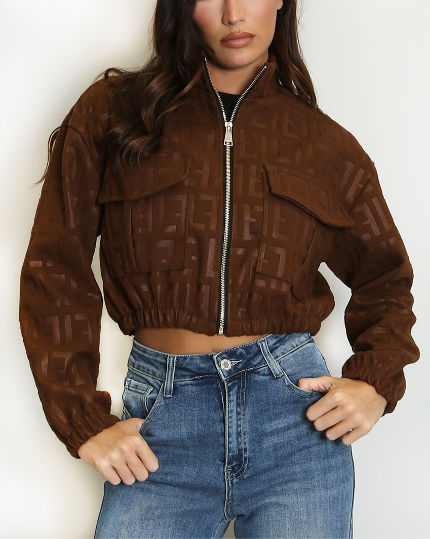 Embossed Cropped Faux Suede Bomber Jacket