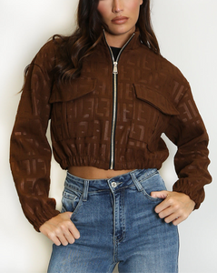Embossed Cropped Faux Suede Bomber Jacket
