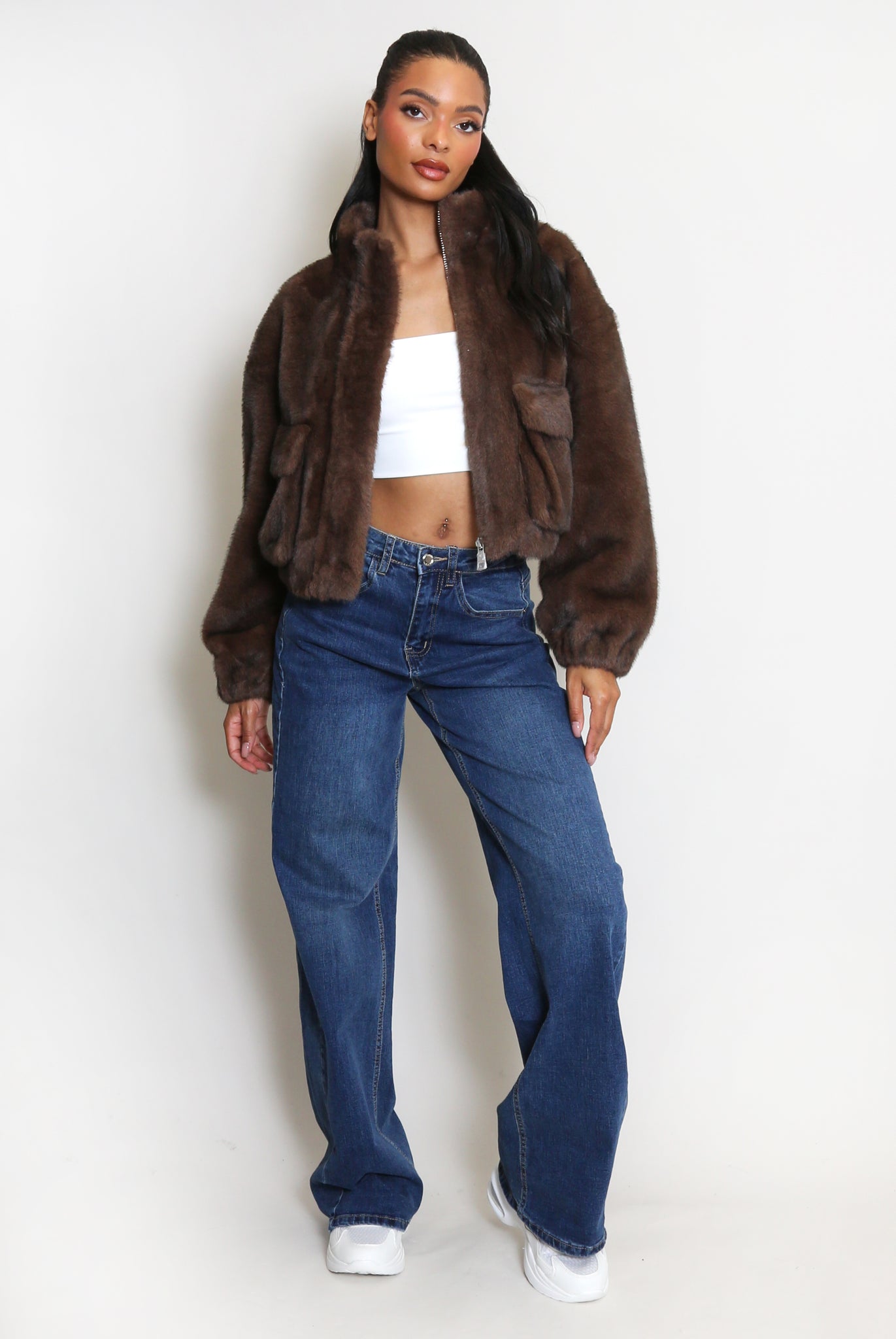 Faux Fur Bomber Jacket With Pockets