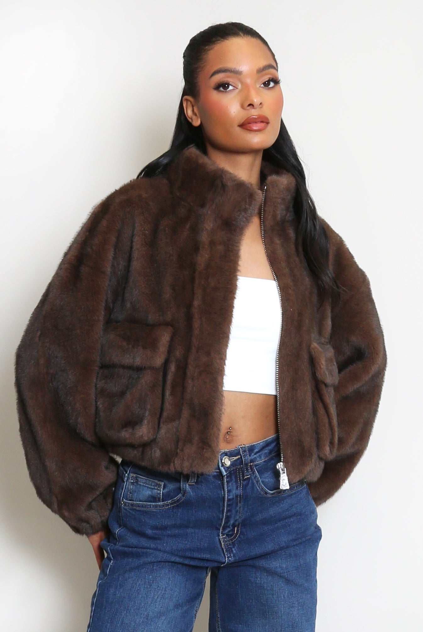 Faux Fur Bomber Jacket With Pockets
