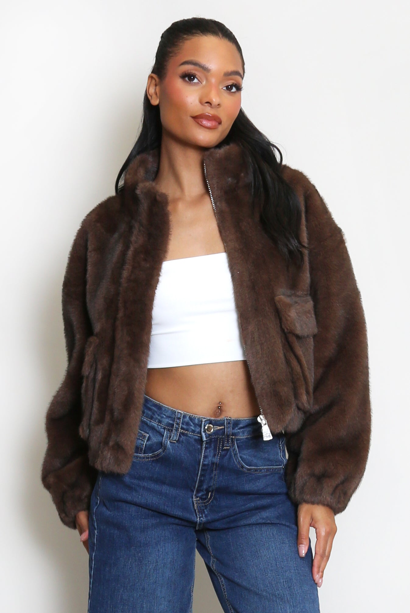 Faux Fur Bomber Jacket With Pockets