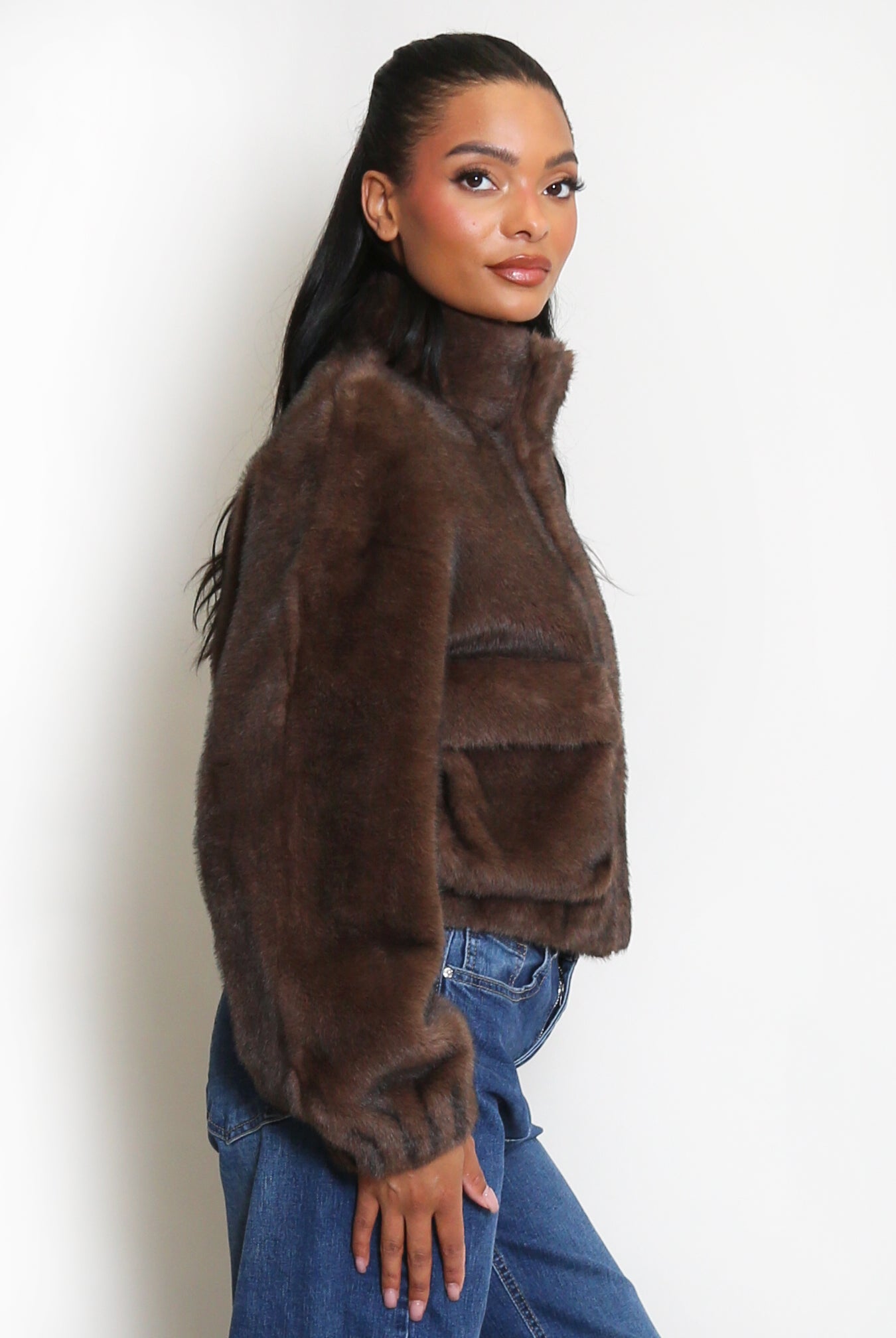 Faux Fur Bomber Jacket With Pockets