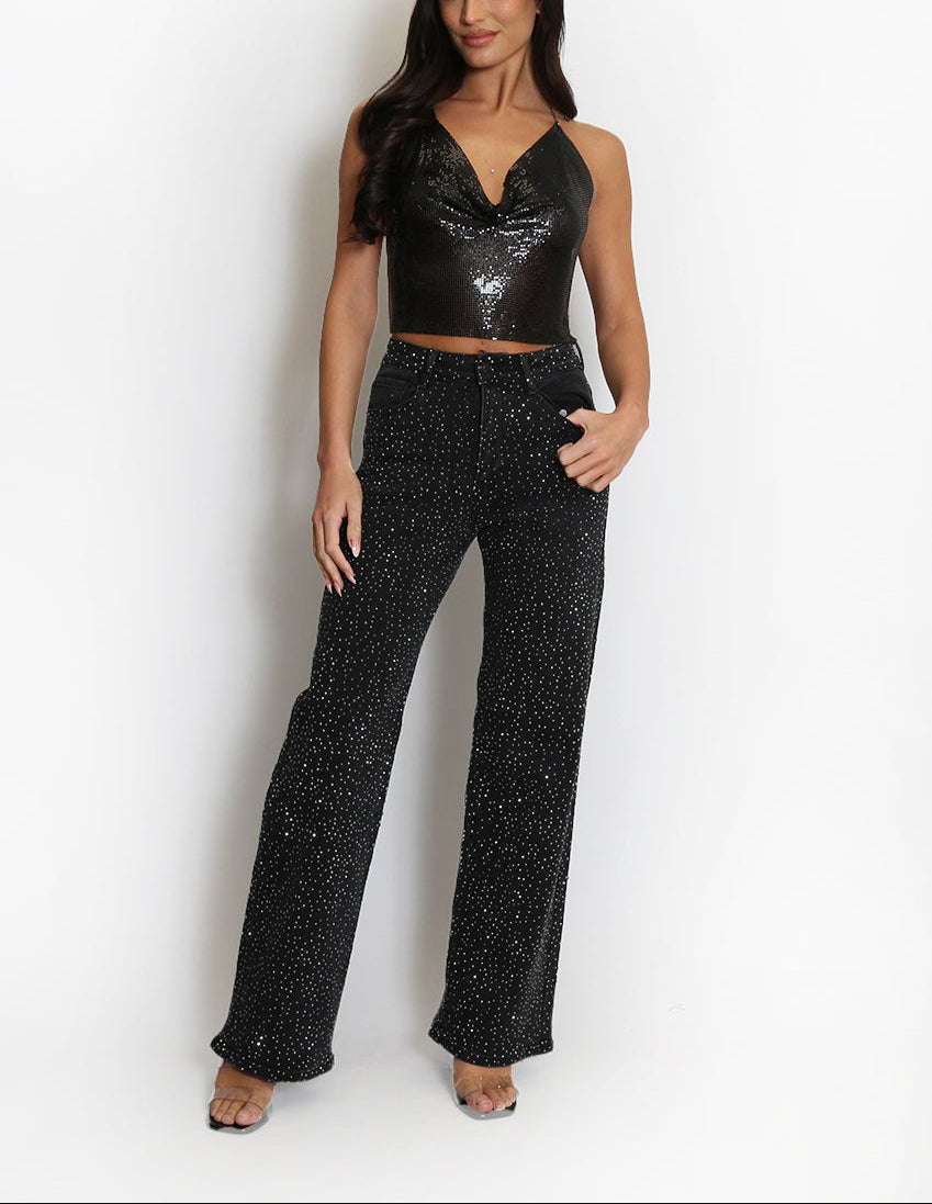 Full Diamante Embellished Wide Fit Jeans