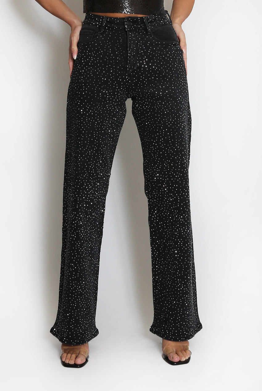Full Diamante Embellished Wide Fit Jeans