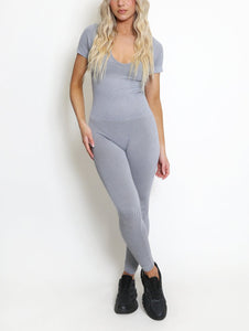 Ribbed V Neck Short Sleeve Unitard