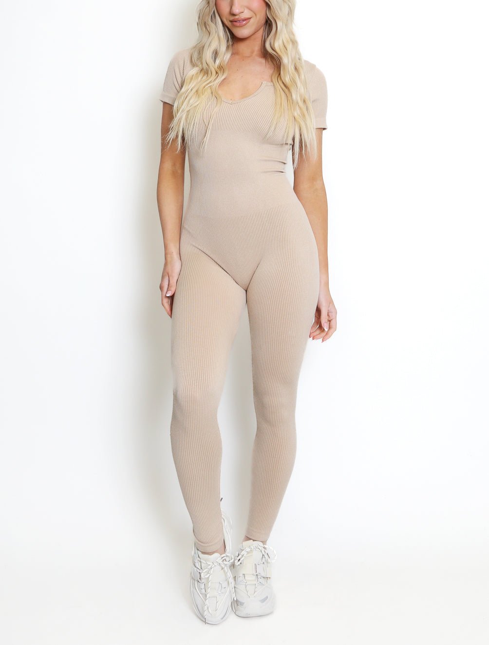 Ribbed V Neck Short Sleeve Unitard