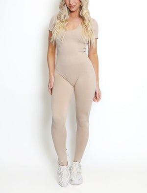Ribbed V Neck Short Sleeve Unitard