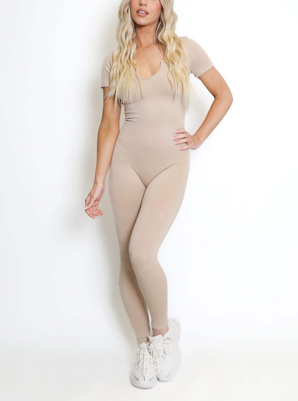 Ribbed V Neck Short Sleeve Unitard