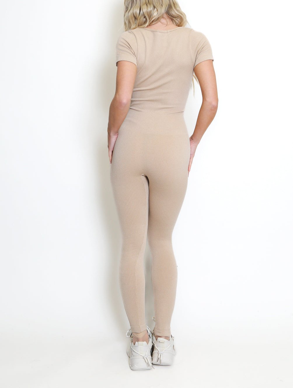 Ribbed V Neck Short Sleeve Unitard