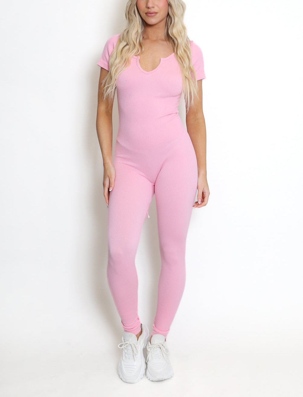 Ribbed V Neck Short Sleeve Unitard