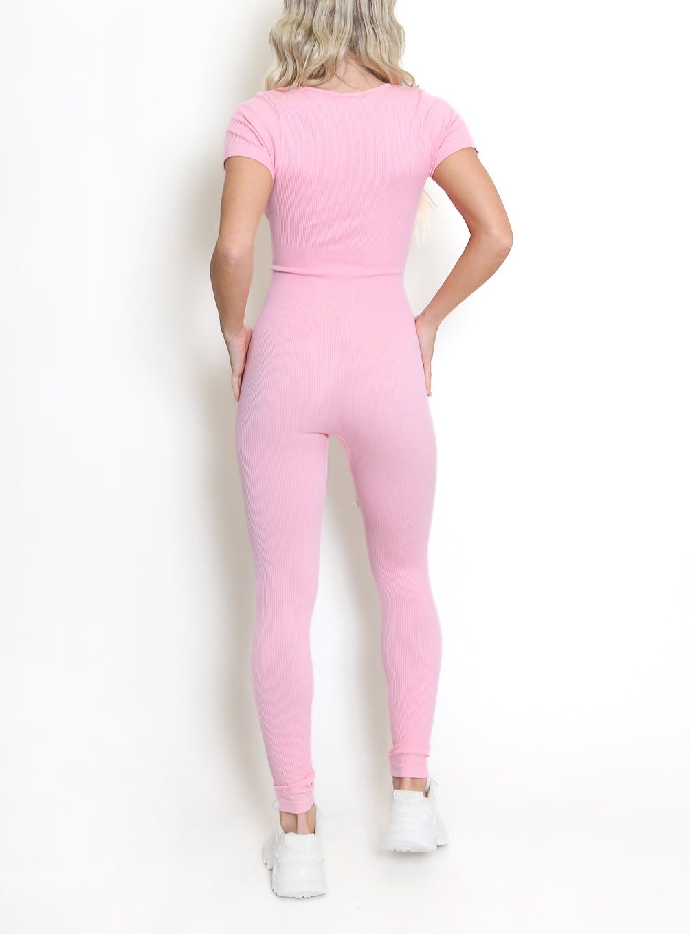 Ribbed V Neck Short Sleeve Unitard