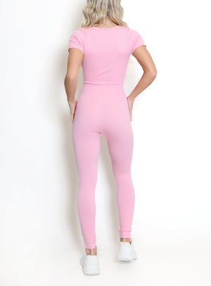 Ribbed V Neck Short Sleeve Unitard