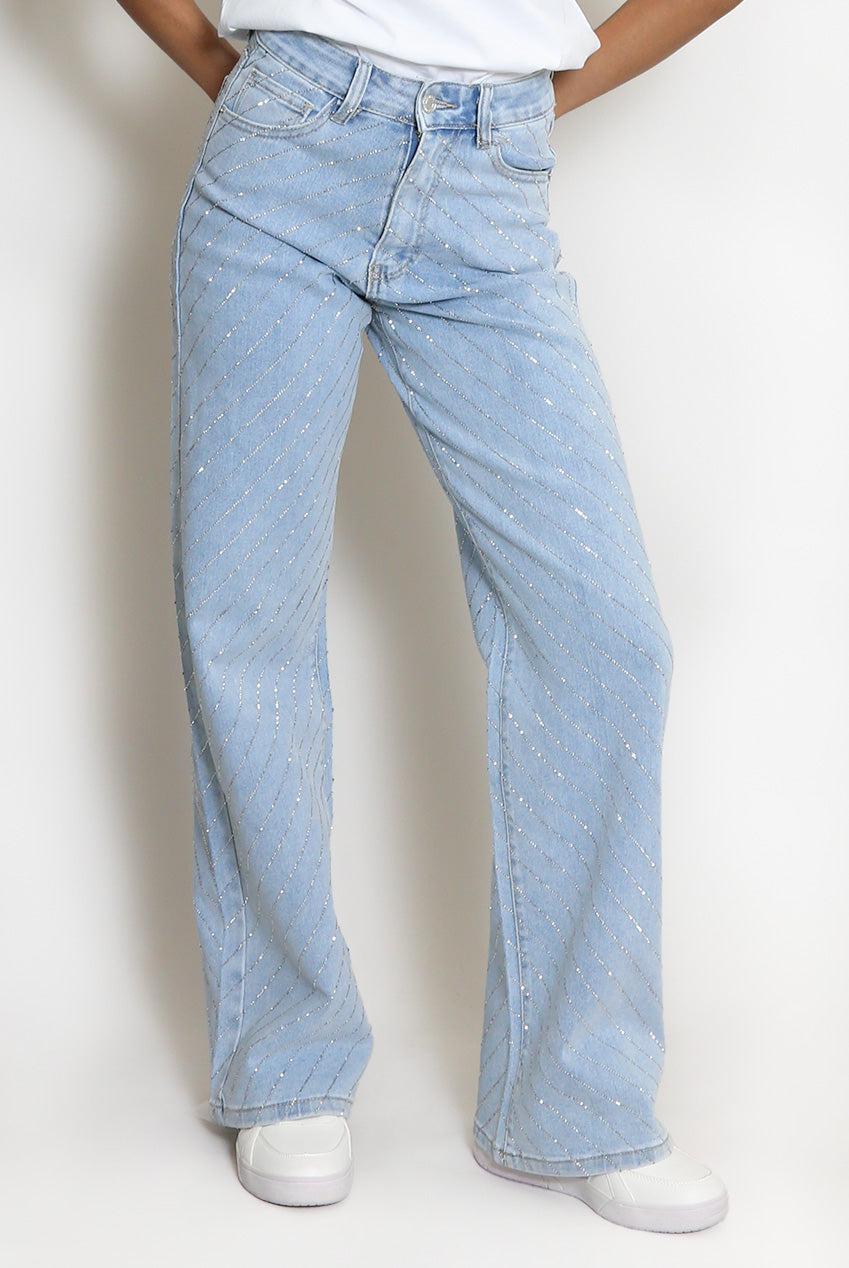 Tiered Diamante Embellished Wide Fit Jeans